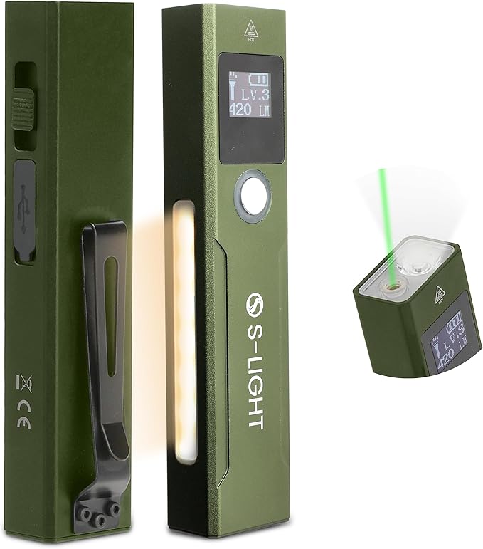 S Light Tactical Flashlights High Lumens Rechargeable - 1200LM Magnetic Base, Green, P9 LED, USB-C