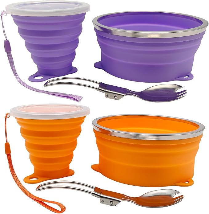 Mess Kit for Camping Silicone Collapsible Bowl Collapsible Cup and Stainless Steel Spoon for