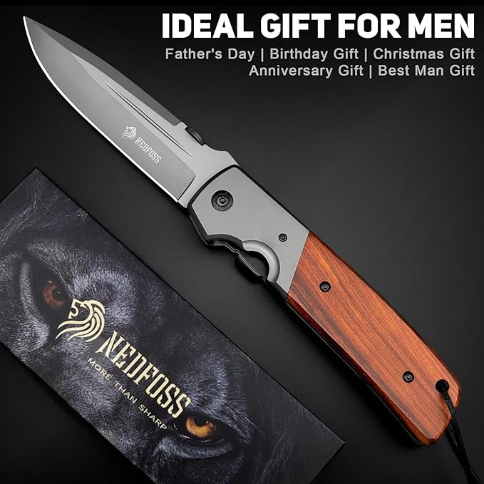 NedFoss DA52 Pocket Knife for Men, 5'' Large Folding Knife, 11'' Survival Knife with Rosewood