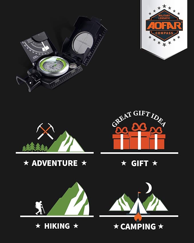 AOFAR AF-4074 Military Compass for Hiking,Lensatic Sighting Waterproof,Durable,Inclinometer for