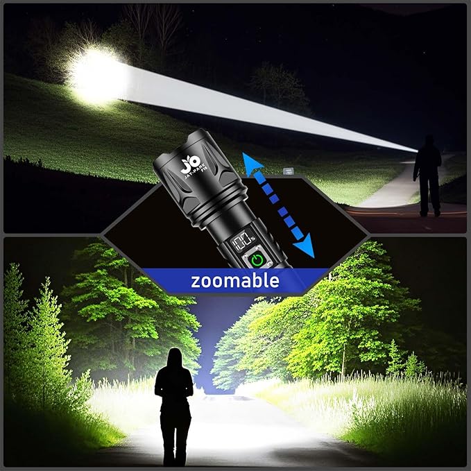 JAY-PARK High Lumen Flashlight - 10000 Lumens, Rechargeable 5000mAh with LCD Display, Zoomable Long