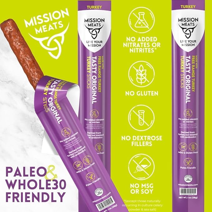 Mission Meats Turkey Sticks – 100% Free Range, Zero Sugar, Healthy Snacks, 9g Protein, Individually