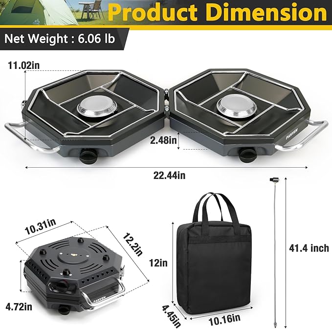 Camping Stove Propane, 2 Burner Camp Stove, 20,000 BTU Propane Camping Stoves, Portable Gas Stove