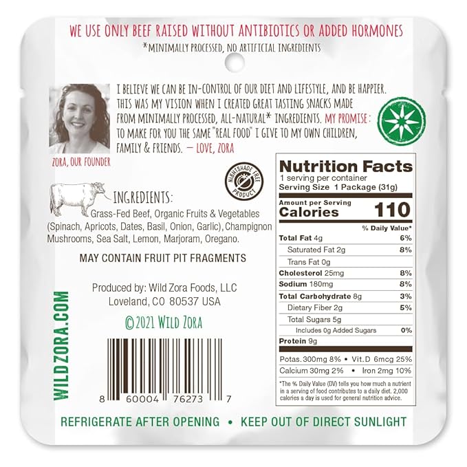 Wild Zora Meat & Veggie Bars, Variety 5-Pack, Natural Pork, Beef, Lamb, & Turkey Jerky Snacks