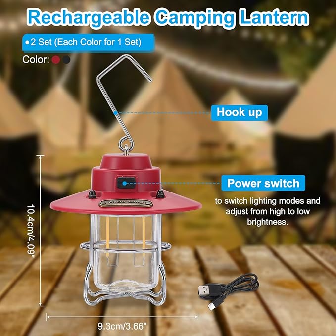 PATIKIL LED Camping Lantern, 2 Pack Vintage Rechargeable Lantern 3 Light Modes Portable Hanging