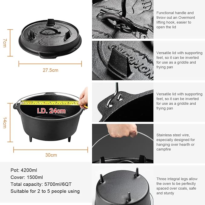 Overmont Camp Dutch Oven Pre Seasoned Cast Iron Lid Also a Skillet Casserole Pot with Lid Lifter