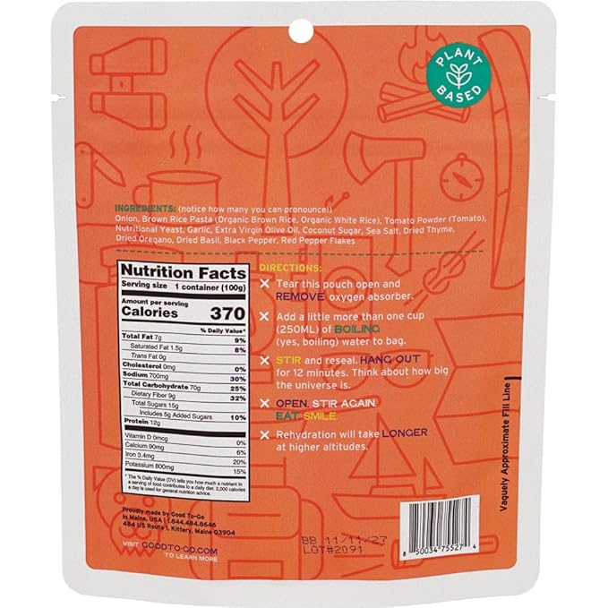 GOOD TO-GO Pasta Marinara (Single Serving) |Camping & Backpacking Food | Just Add Water Backpacking