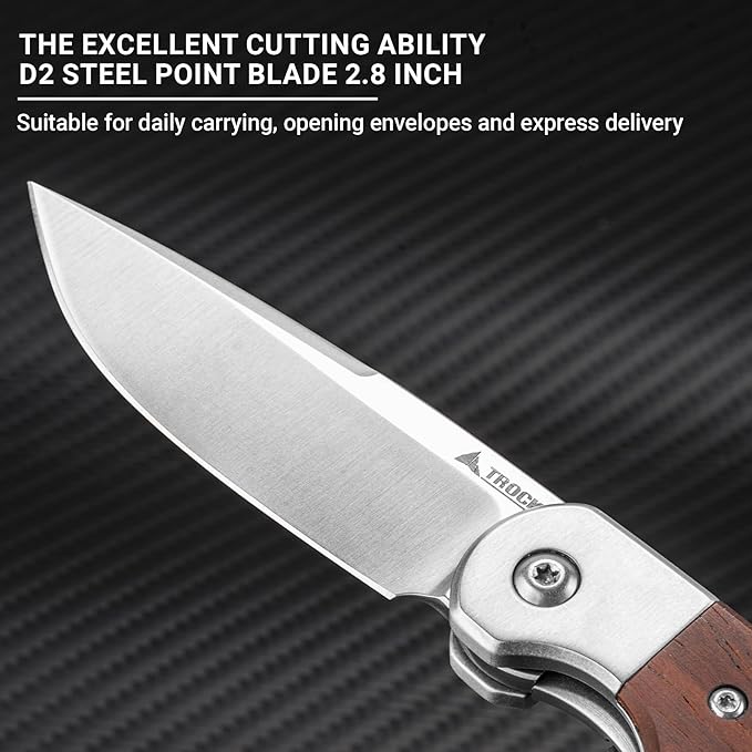 Small EDC Knife 2.8", Pocket Knife D2 Steel Point Blade Wood Handle - flipper Folding Knife for Men