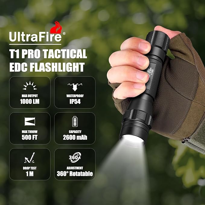 ULTRAFIRE 1000 High Lumen Tactical EDC Flashlight with Holster,Single Mode Police Flashlight with