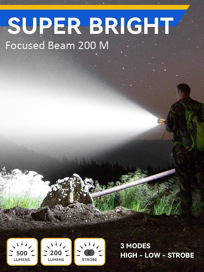 Durapower Rechargeable Spotlight, 500 Lumens LED Spotlight Flashlight, IPX2 Waterproof Handheld