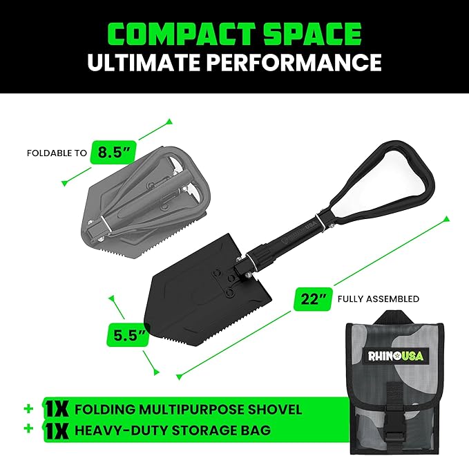 RHINO USA Folding Survival Shovel w/Pick - Heavy Duty Carbon Steel Military Style Entrenching Tool