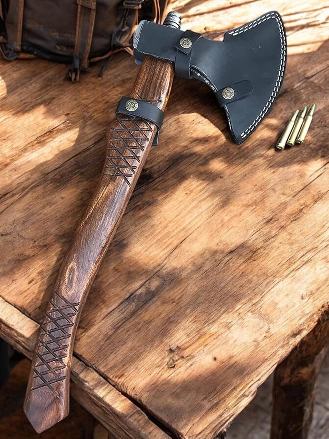 AX-7000 Custom Gift Forged Damascus Steel Vintage Axe with Rose Wood Shaft, Viking Bearded Camping