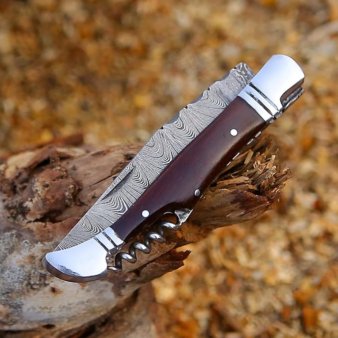 6.5 inch Damascus Pocket Knife with Sheath, Handmade Folding Pocket Knife for Men, Black-Red Wooden