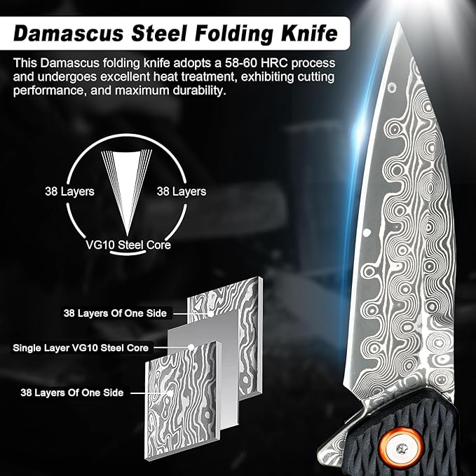 Damascus Folding Knife, 3.03" Damascus Steel Blade Pocket Knives with Clip, Black Aluminum Handles