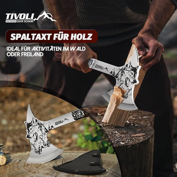 TIVOLI 13" Camping Axe, Wolf - Patterned Survival Hatchet with Nylon Sheath, High Carbon Steel