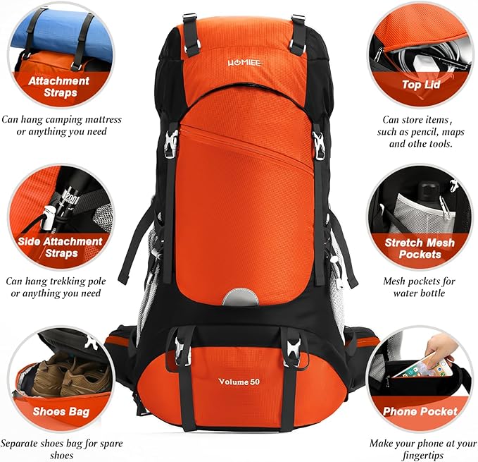 HOMIEE 50L Hiking Backpack Travel Bag Waterproof Camping Rucksack with Rain Cover Lightweight
