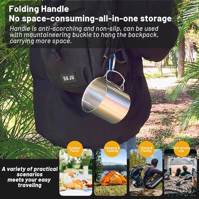 Stainless Camping Cup, 350ml Stainless Steel Camping Cup with Lid and Foldable Handle, High