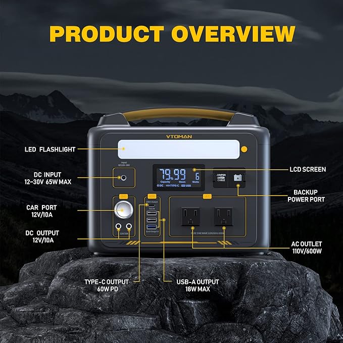 VTOMAN Jump 600X Portable Power Station with 110W Solar Panel, 600W/299Wh LiFePO4 Battery Solar