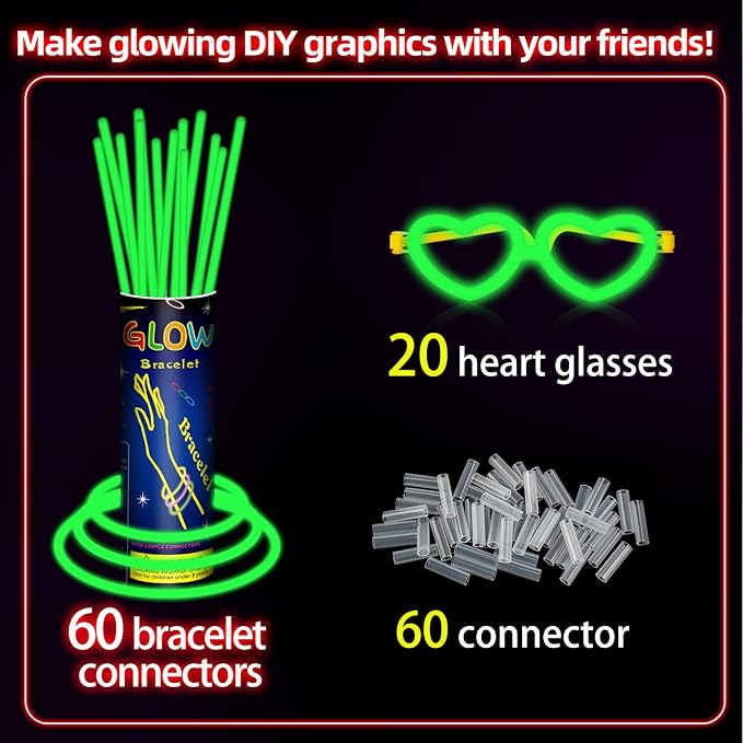 60 Pack 8??Green Glow Sticks Bulk Bright Glow Sticks with 60 Connectors 20 Heart Glasses Glow In