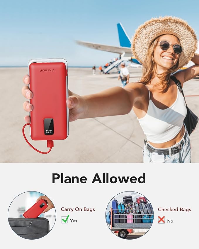 charmast Portable Charger with Built-in Cables and Plug, 10000mAh USB C Power Bank Fast Charging