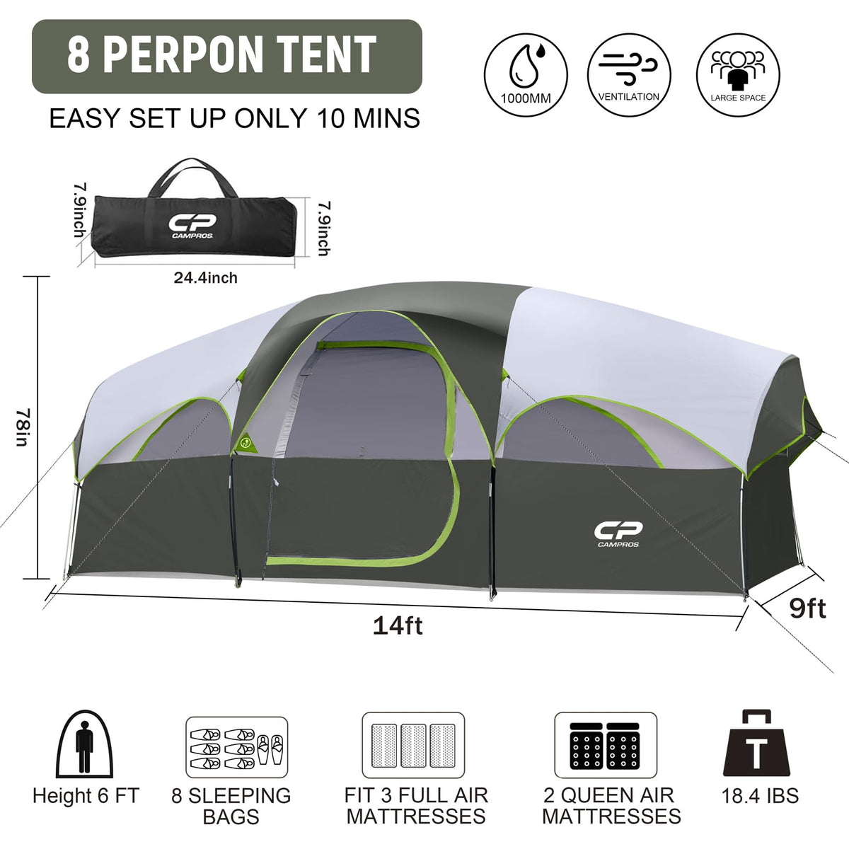 CAMPROS CP 8 Person Camping Tent, Room Divider, Rainfly, Weather Resistant