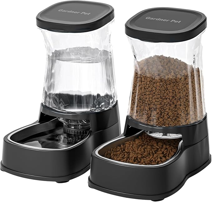 Automatic Pets Gravity Feeder and Water Dispenser Set with Stainless Steel Bowl, 1Gallon x 2 Stable