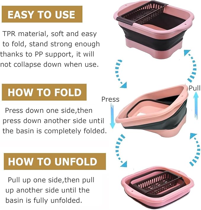 2.98 Gallon (11.28L) Collapsible Dish Basin with Drain Plug, Outdoor Multiuse Foldable Sink Tub
