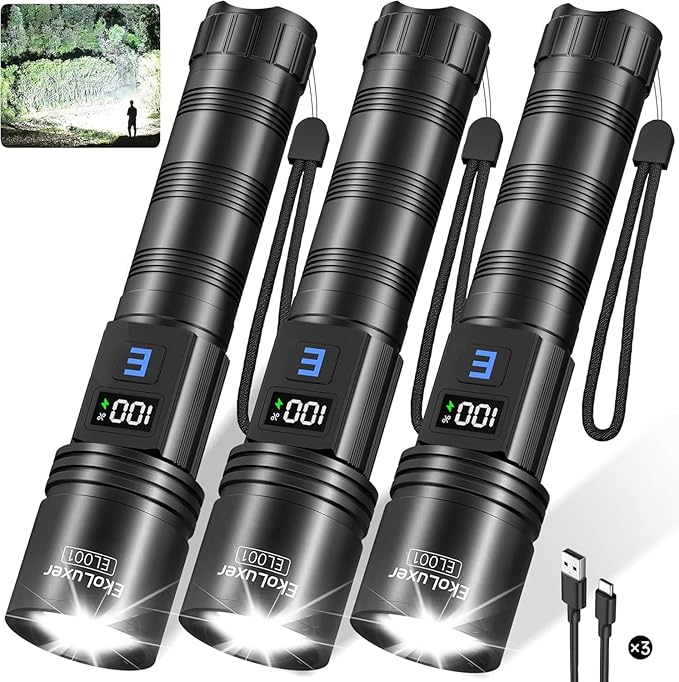 3Pack Rechargeable Flashlights 990,000 High Lumens, Super Bright Flashlight with LCD Digital