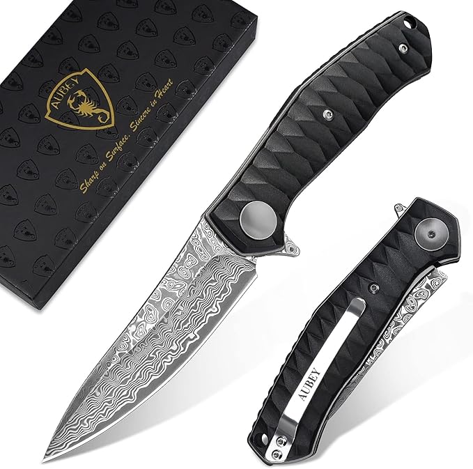 AUBEY Damascus Pocket Knife for Men with Clip EDC, 3.23" VG10 Core Damascus Steel Blade Folding