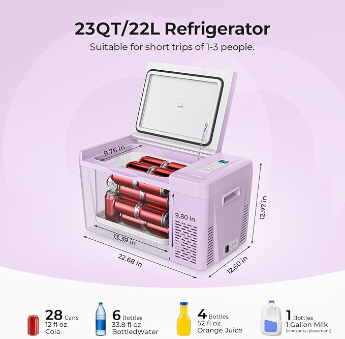 BougeRV Purple 23Quart Portable Refrigerator, 12 Volt Fridge 22L, Portable Freezer Compressor