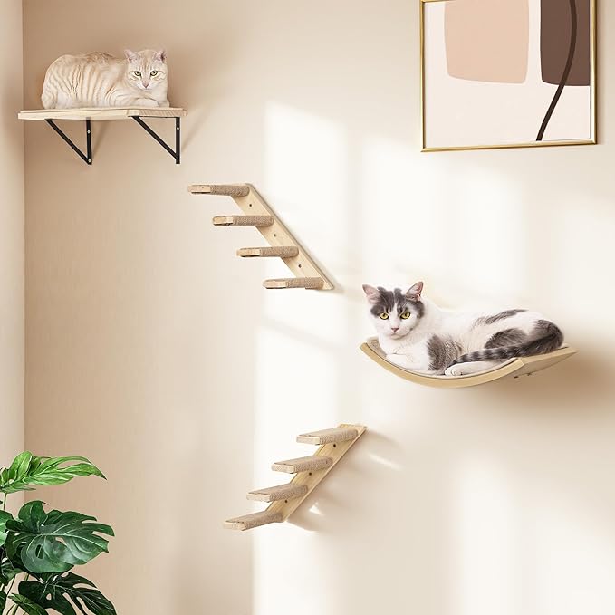 Wall Mounted Cat Shelves Stairs Set, 4 Piece Wood Cats Wall Furniture with Sisal Cat Window Perch