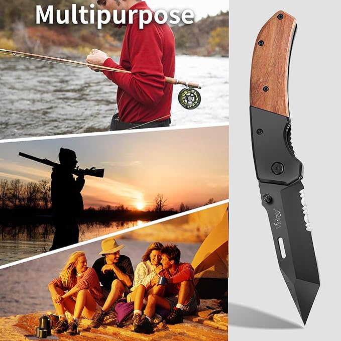 Vickay Pocket Knife, Folding Knife with Clip - 3.54??Black Serrated Steel Blade, Wood Handle EDC