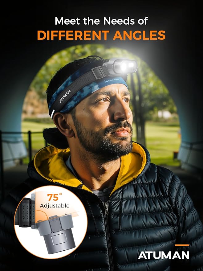 ATuMan MH1 Headlamp Rechargeable, Intelligent Multifunctional Headlight 1 Pack with Red Warning