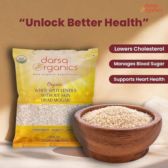 Darsa Organics Urad Dal Split Without Skin (Urad Mogar) 2lb ??USDA Organic White Matpe Split