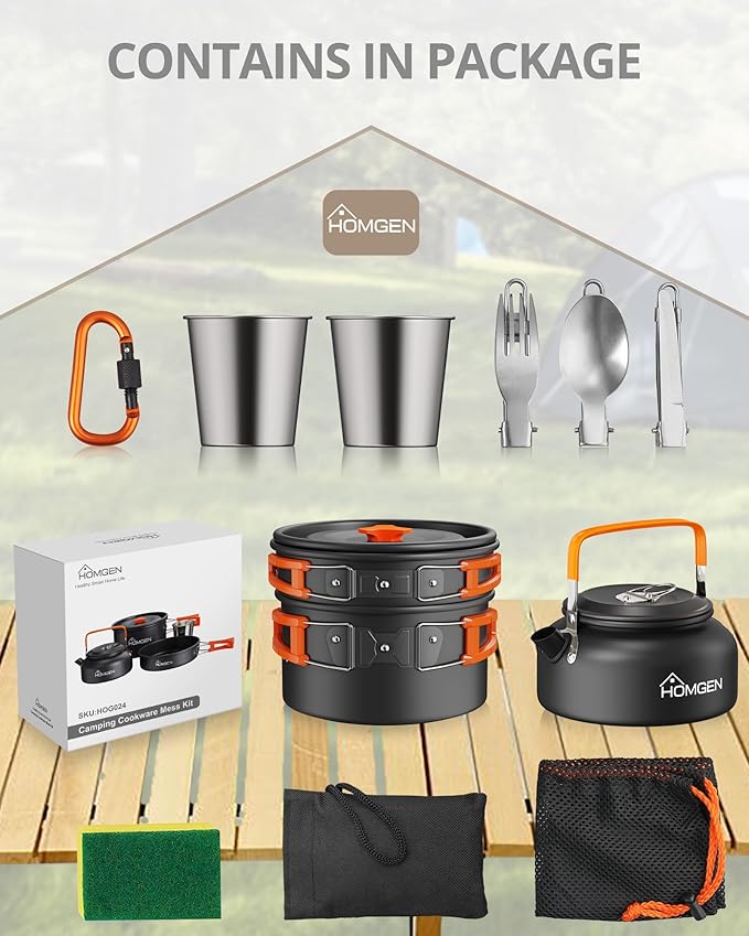 HOMGEN 12-Pieces Ultralight Anodized Aluminum Camping Cookware Set for 2 People - Nesting Pot/Pan
