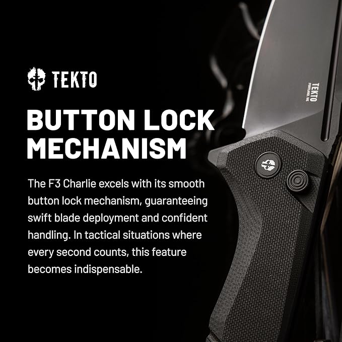 F3 Charlie Button Lock Folding Knife, Oversized Fine Edge Blade, Tactical Black G10 Handle - Easy