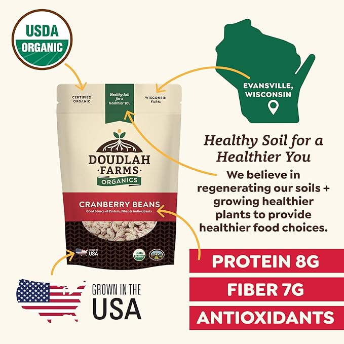 Organic Dried Cranberry Beans 1 lb - Non-GMO, USDA Organic, Farmed From Regenerative Soil, Tested