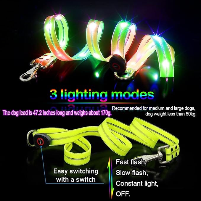 LED Waterproof Pet Dog Leash USB Rechargeable Fashionable Color Glow in The Dark Night Walk Safety