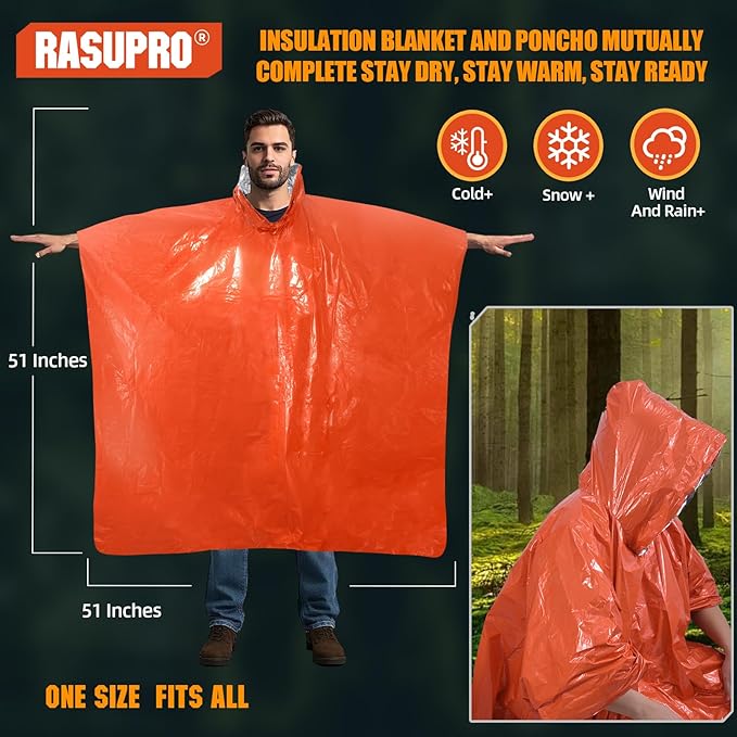 4 Pack Emergency Ponchos with Thickened Mylar Blanket Lining, Windproof, Waterproof, and Thermal