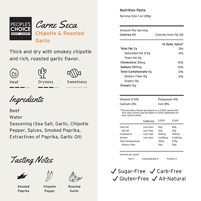 People’s Choice Beef Jerky – Carne Seca – Chipotle & Roasted Garlic – 13g Protein – Sugar Free