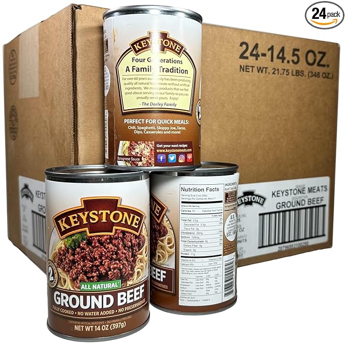Keystone Meats All Natural Heat and Serve Ground Beef 14 oz – Fully Cooked Canned Meat – Ready to