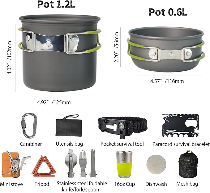 Camping Cookware Mess Kit, 16 pcs Backpacking Cooking Set, Lightweight Camping Pots and Stove Set