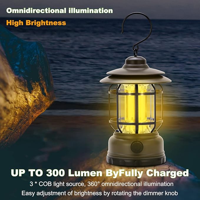 Rechargeable Portable LED Camping Lanterns, Vintage Style Tabletop Lantern, Stepless Dimming