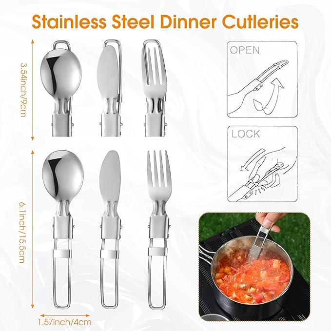 14 Piece Camp Cooking Set, Stainless Steel Camping Cookware with Pot and Pan Kit 2 Set Stainless