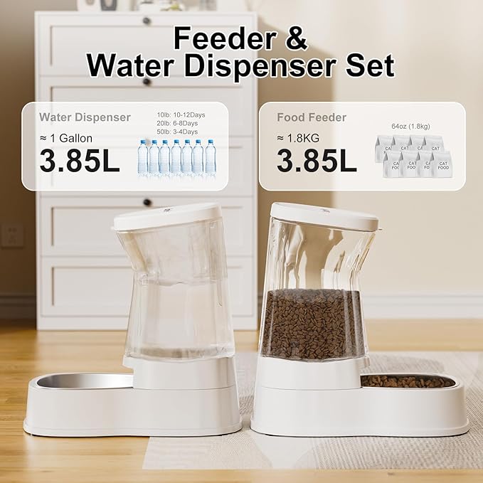 Automatic Pets Gravity Feeder and Water Dispenser Set, 1Gallon x 2 Stainless Steel Food Feeder and