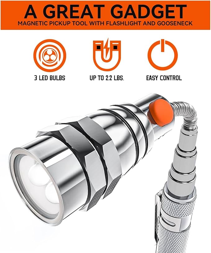 Extendable Magnetic LR44 Flashlight with Telescoping Magnet Pickup Tool-Cool Gadget Gifts for Him