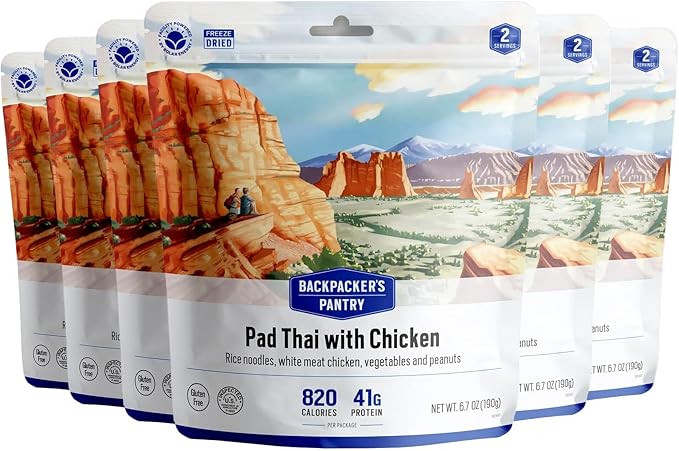 Backpacker's Pantry Pad Thai with Chicken, 2 Servings Per Pouch (6 Count), Freeze Dried Food, 23