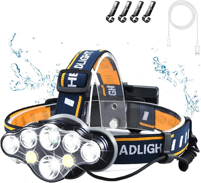Rechargeable Headlamp, 8 LED 18000 Lumen Super Bright Waterproof Headlight with Red Lights, 8 Light