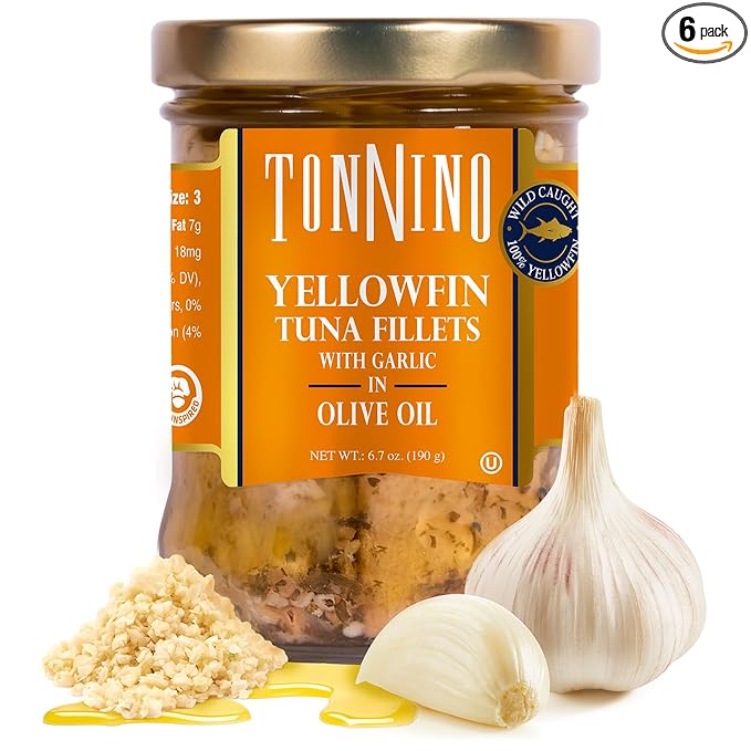 Tonnino Yellowfin in Olive Oil with Garlic 6.7 oz - 6-Pack: Omega-3, High Protein, Gluten-Free