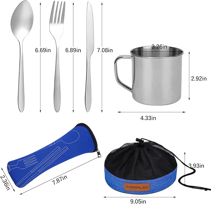 Stainless Steel Camping Cutlery Set - 8 Piece, Includes Spoons, Mugs, Bowls, Plates, Rags &